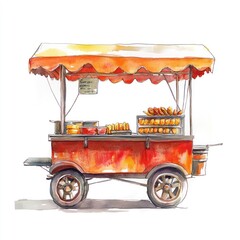 Red food cart selling snacks, street scene, watercolor illustration, menu board