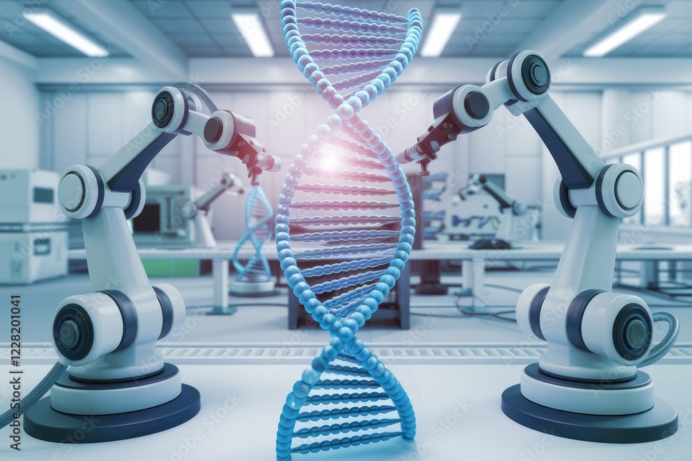 Poster robotic arms manipulating a dna strand in a futuristic laboratory setting, showcasing advancements i