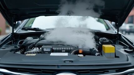 A car hood is open, emitting steam from the engine, indicating potential overheating or a mechanical issue.