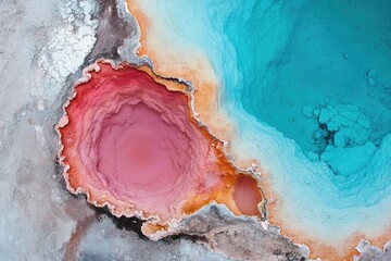 aerial orthographic view of vibrant geothermal hot spring in yellowstone its concentric rings glowing in electric blues