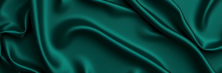 Obraz premium High-resolution stock photo Wide banner, top-view flat lay of dark green silk satin with soft folds. 