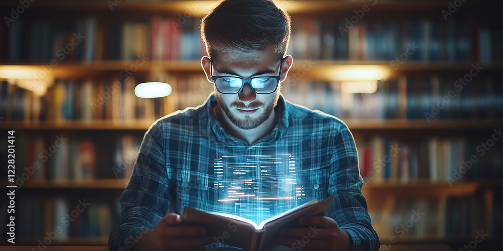Poster a young man reading a book in a library, with a holographic display of code emerging from its pages,