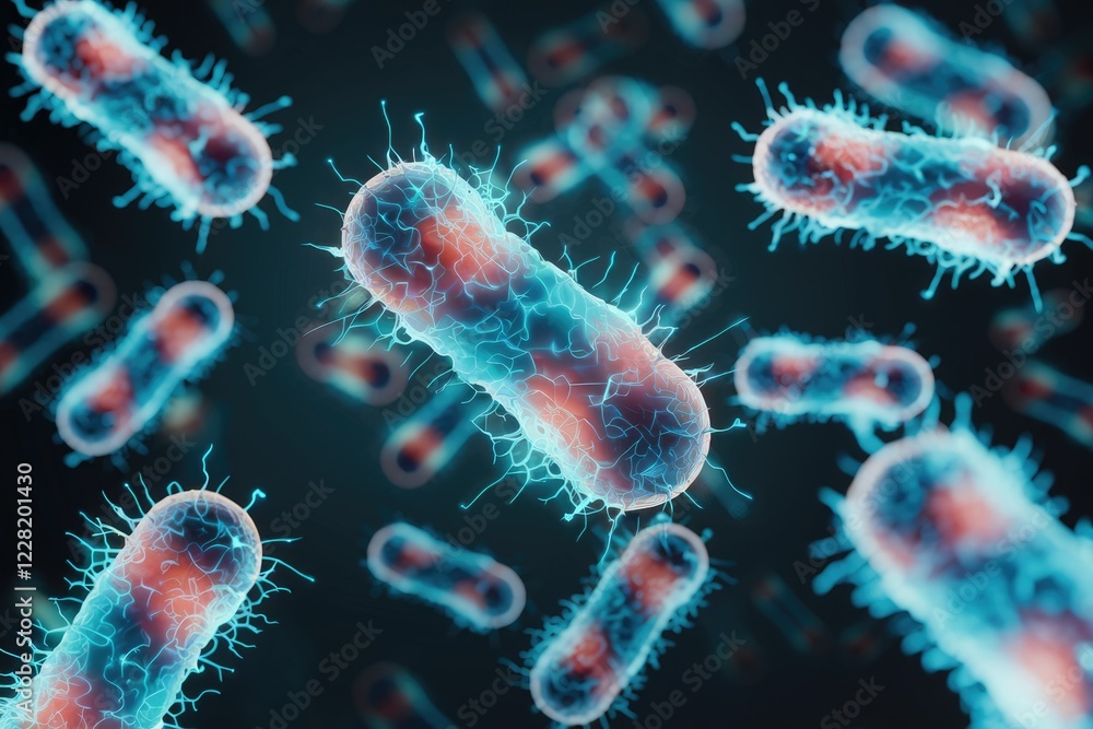 Poster microscopic view of rod-shaped bacteria, illustrating their cellular structure and morphology.