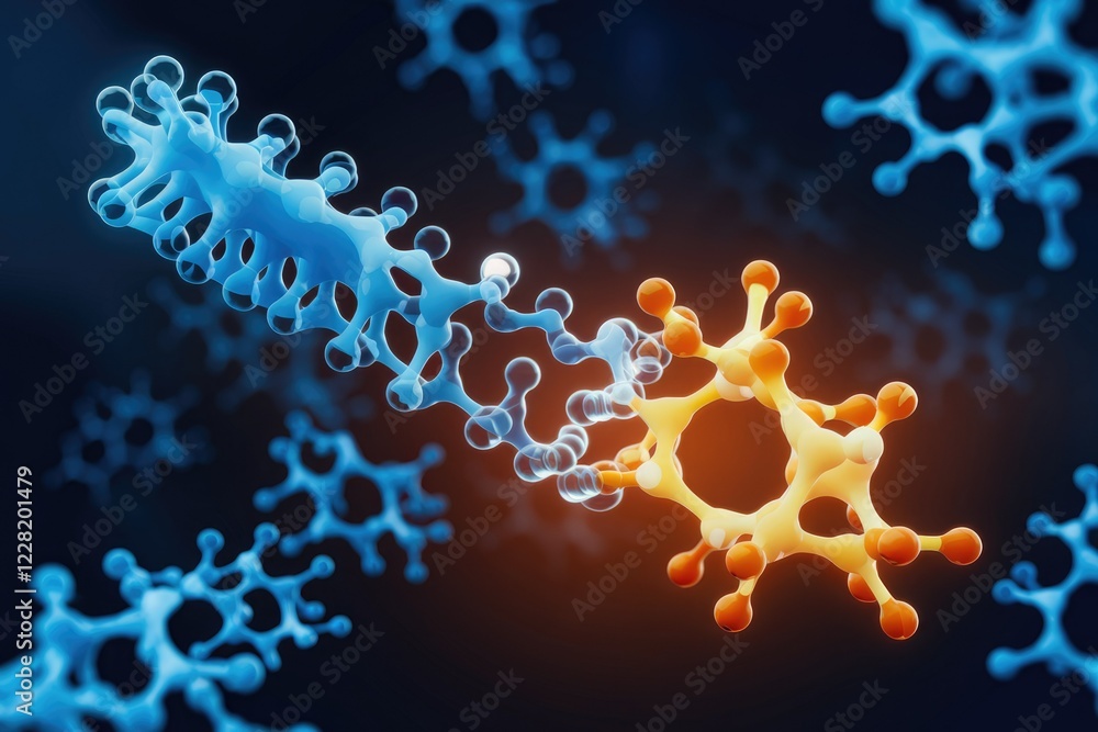 Poster Molecular interaction between two different molecules shown in 3D rendering, illustrating complex bio-chemical processes.
