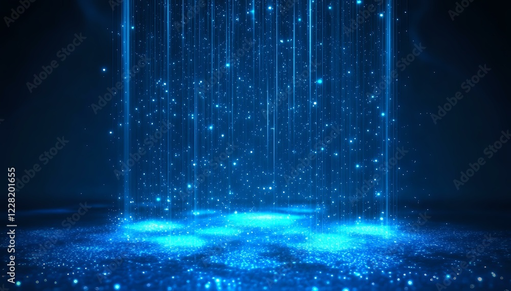 Poster glowing blue particles and light streams falling from above create magical atmosphere on dark backgr