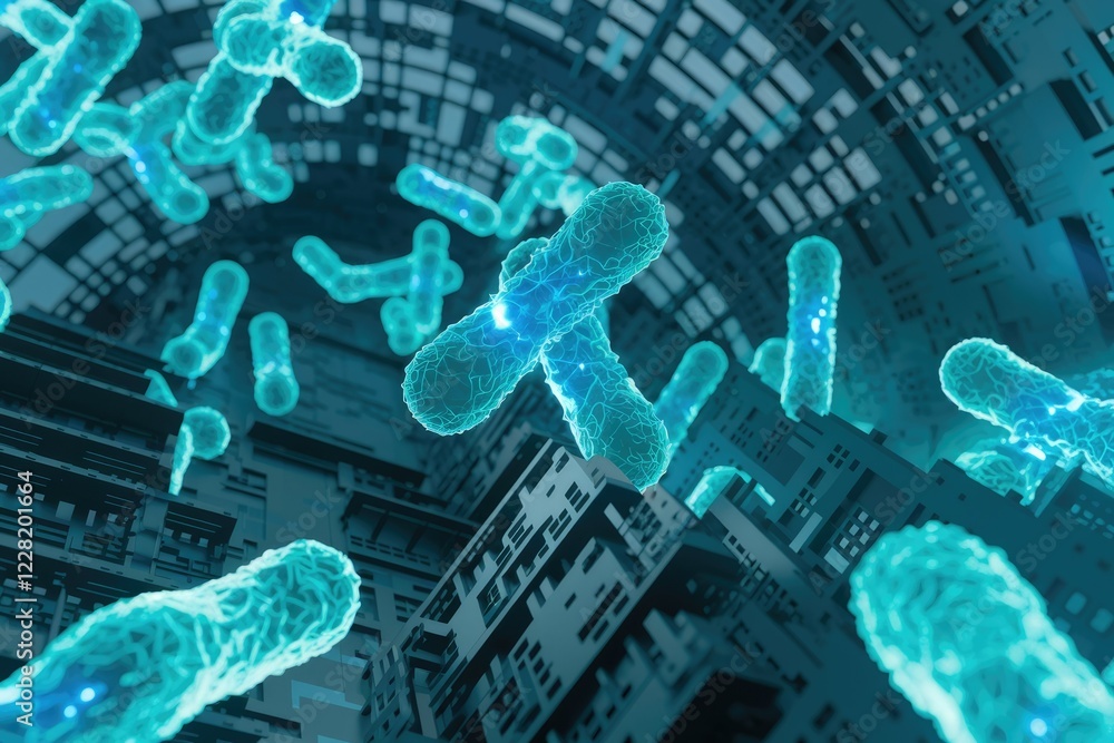 Poster microscopic cyanobacteria in a futuristic technological setting.