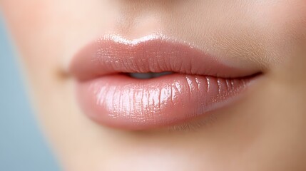 Fototapeta premium Close up view of natural pink glossy lips with soft shine and smooth texture against blurred skin background, showing professional beauty and skincare results.