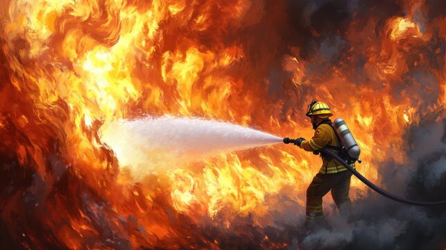 A firefighter battles a raging inferno, wielding a hose to combat the flames amidst thick smoke in a dramatic scene.
