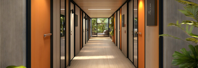 A long hallway with a door on each side. View of hostel hallway with storage and dormitory rooms. Concept Hostel Interior, Dormitory Rooms, Hallway Design, Storage Solutions