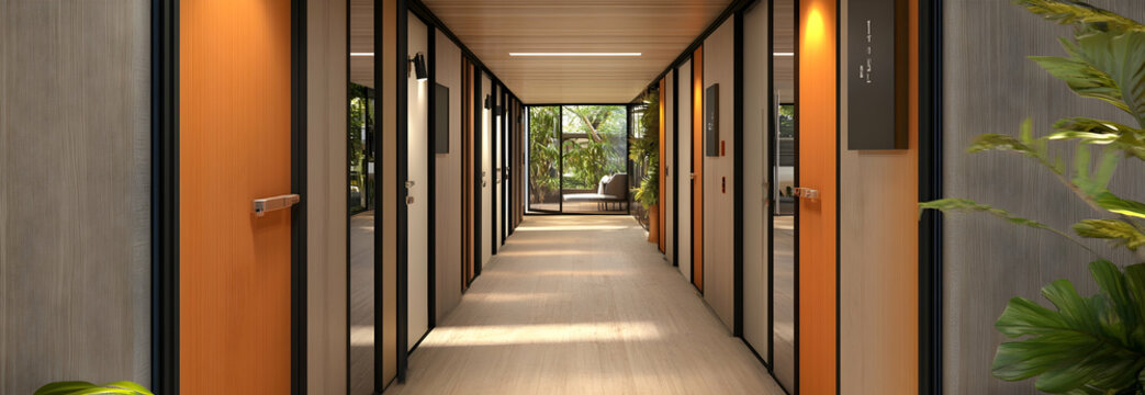 A long hallway with a door on each side. View of hostel hallway with storage and dormitory rooms. Concept Hostel Interior, Dormitory Rooms, Hallway Design, Storage Solutions