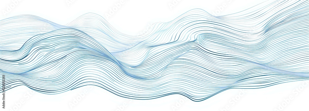 Poster flowing abstract blue wave lines creating dynamic movement pattern on white background. minimalist d