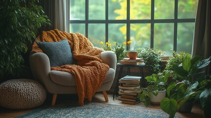 An inviting corner with a plush armchair, a stack of books, and a steaming cup of coffee on a side table, surrounded by soft pillows and greenery
