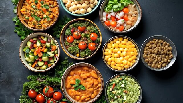 Vibrant mediterranean salad bowl layout with fresh vegetables and herbs in motion