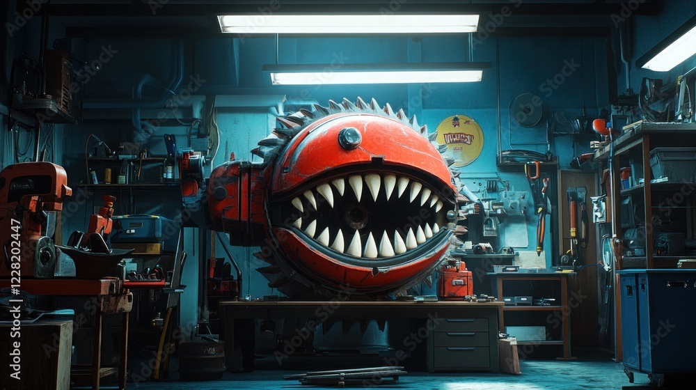 Poster a monstrous mechanical head sits in a cluttered workshop