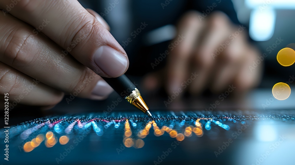 Poster close-up of financial analyst examining market data chart with golden pen point, blue graph line wit