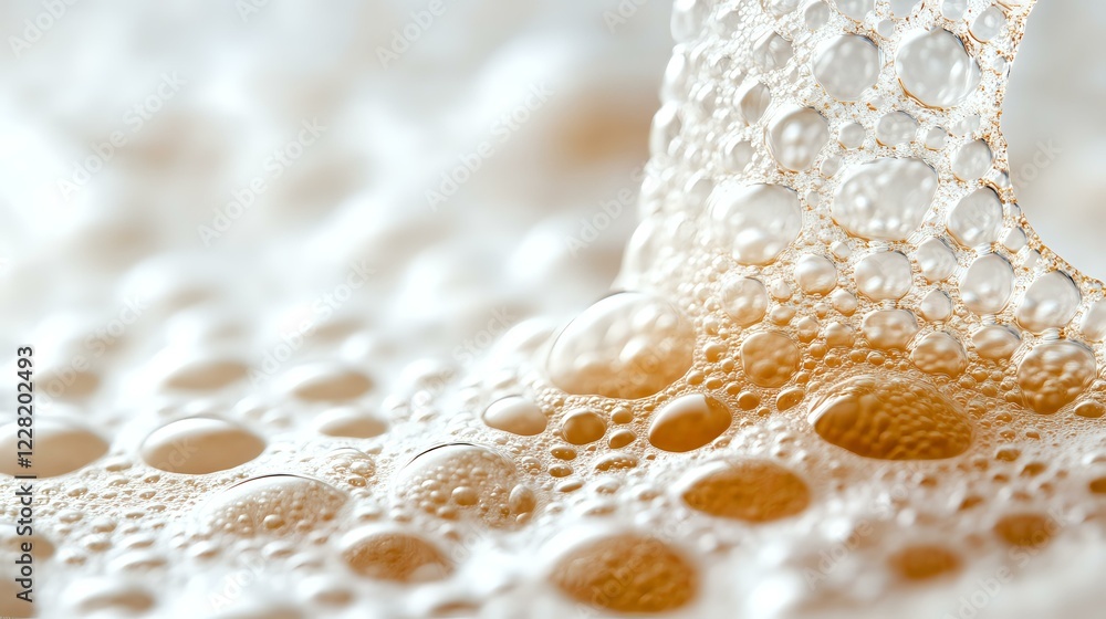 Poster macro shot of golden beer foam with bubbles and froth creating abstract pattern on light background,