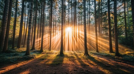 Fototapeta premium Sunbeams Illuminate a Misty Forest Path