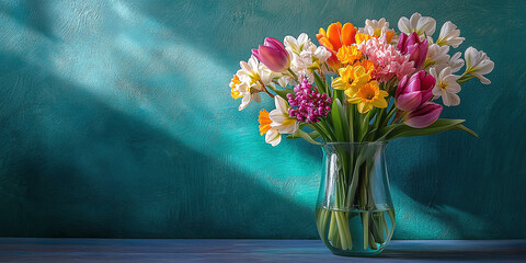 A bright and colorful bouquet of tulips and daffodils in a glass vase against a dreamy background captures the joy, beauty, and vibrancy of springtime.
