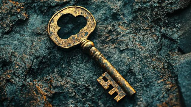 Old rusted key slowly rotates on weathered surface against textured background