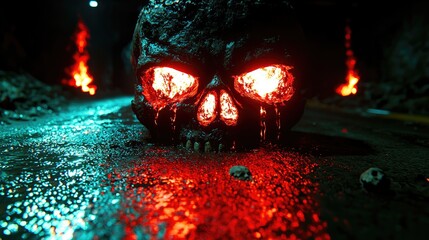 Apocalyptic Wasteland Inferno with Skulls and Fire Towers under Thunderstorm – Vibrant 8K Desolation Scene
