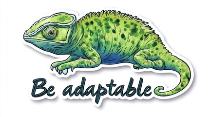 Green chameleon sticker design, adaptability concept, white background, motivational quote