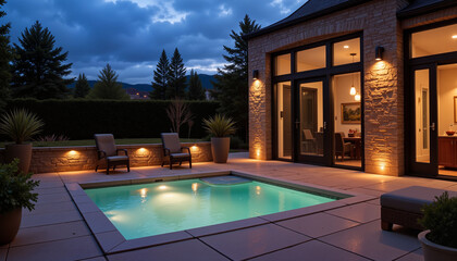 Fototapeta premium Tranquil outdoor spa bath at dusk, serene relaxation