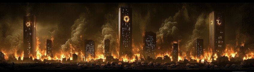 Apocalyptic Wasteland Inferno with Skulls and Fire Towers under Thunderstorm – Vibrant 8K Desolation Scene
