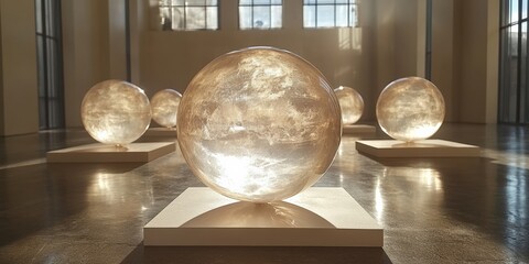 Artistic display of crystal spheres modern gallery sculpture exhibition bright ambiance eye-level view abstract concept