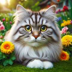 Cat and yellow flowers