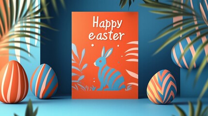 Colorful easter card with bunny design surrounded by striped eggs and tropical leaves
