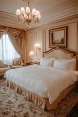 Fototapeta premium A luxury hotel room showcasing plush white bedding and sophisticated decor elements, embodying comfort and high-end hospitality for a memorable stay
