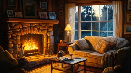 Cozy Cabin Interior With Fireplace And Window View