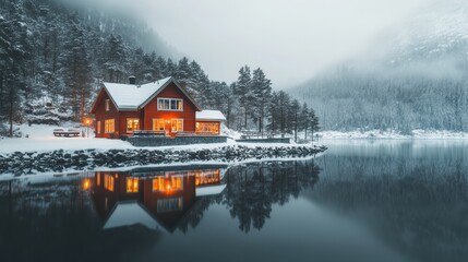 Fototapeta premium House and winter forest over lake with reflection covered by heavy snow.