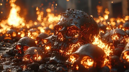 Apocalyptic Wasteland Inferno with Skulls and Fire Towers under Thunderstorm – Vibrant 8K Desolation Scene
