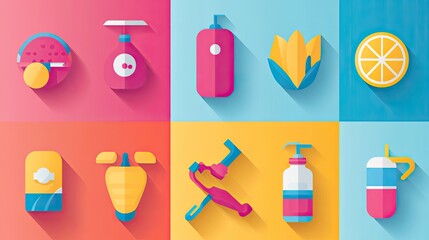 Flat-design summer icons; vibrant colors; website design; background grid; digital illustration