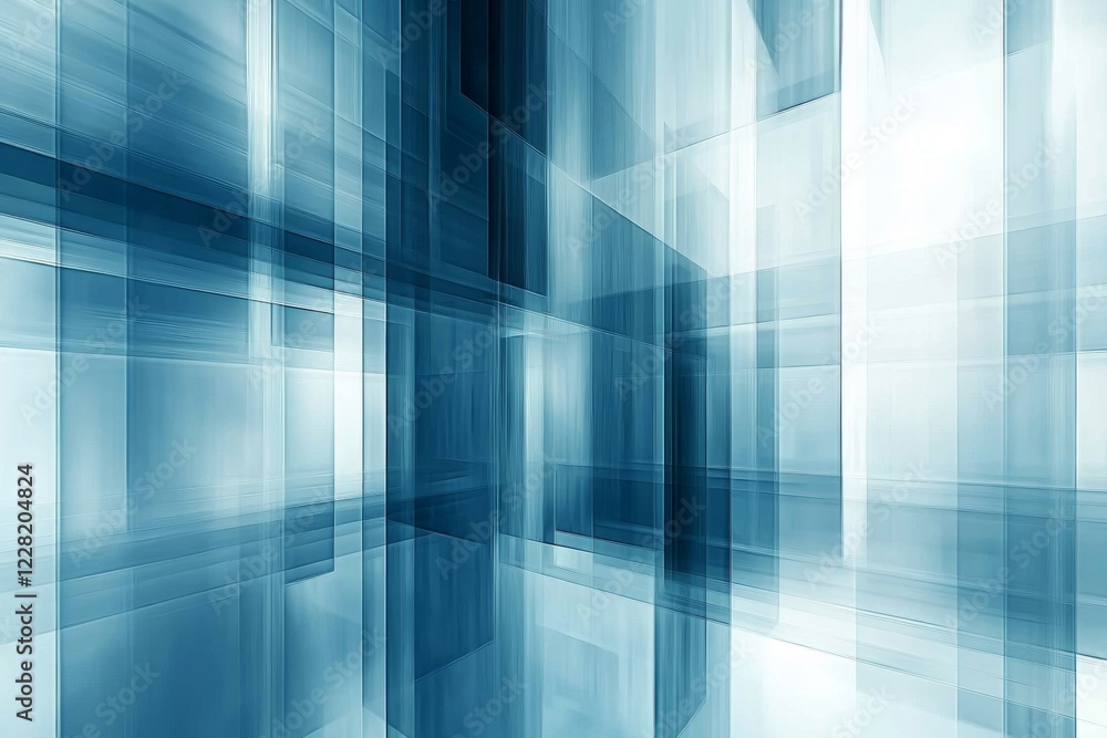 Poster abstract geometric design with translucent overlapping blue rectangles creating a sense of depth and