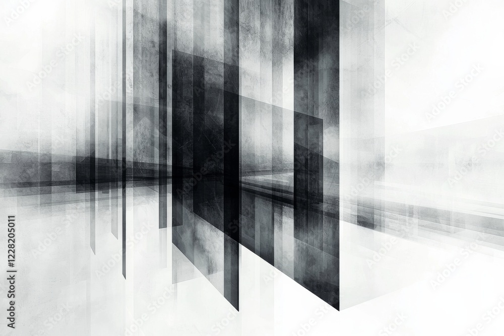 Poster abstract grayscale composition of overlapping geometric shapes creating an illusion of depth and spa