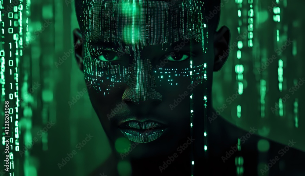 Poster african american woman face with digital binary code projection in green neon light, representing ar