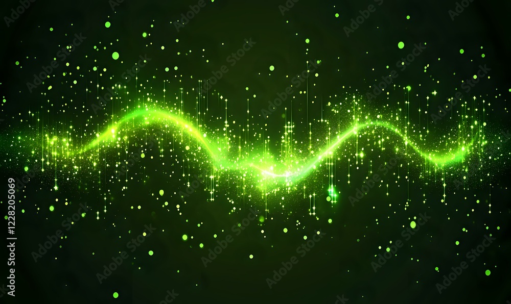 Poster glowing green energy wave with sparkling particles flowing through dark space, creating dynamic moti