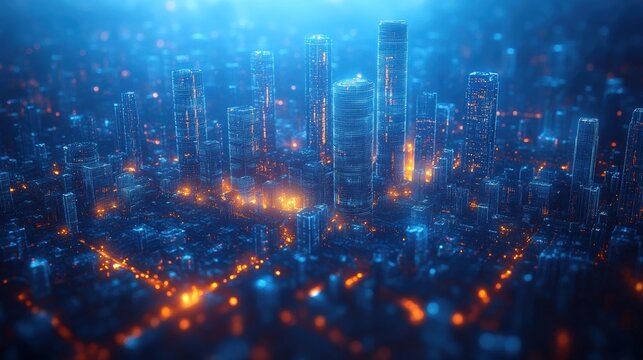 Futuristic urban skyline glow cityscape night digital modern environment aerial view innovation concept