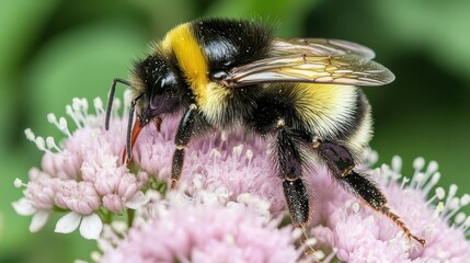 Bumblebee foraging on pink flower blossoms