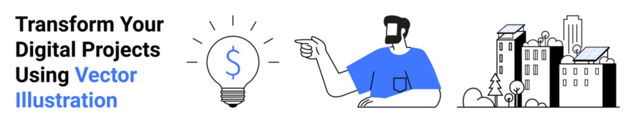 Light bulb with dollar sign, man gesturing toward energy-efficient buildings with solar panels. Ideal for innovation, energy savings, sustainability, creativity, business solutions, eco-friendly