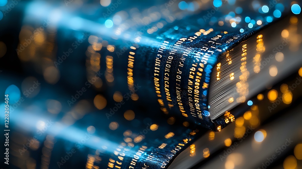 Poster digital data stream with glowing blue and gold binary code numbers on dark background, representing 