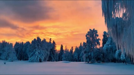 "A vast snowy forest under a dynamic sunset sky, shifting from golden orange to soft pink hues.
