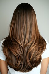 Fototapeta premium Back view of long wavy brown hair with caramel balayage highlights showing modern color technique and healthy shine. Professional salon result for hair care advertising.