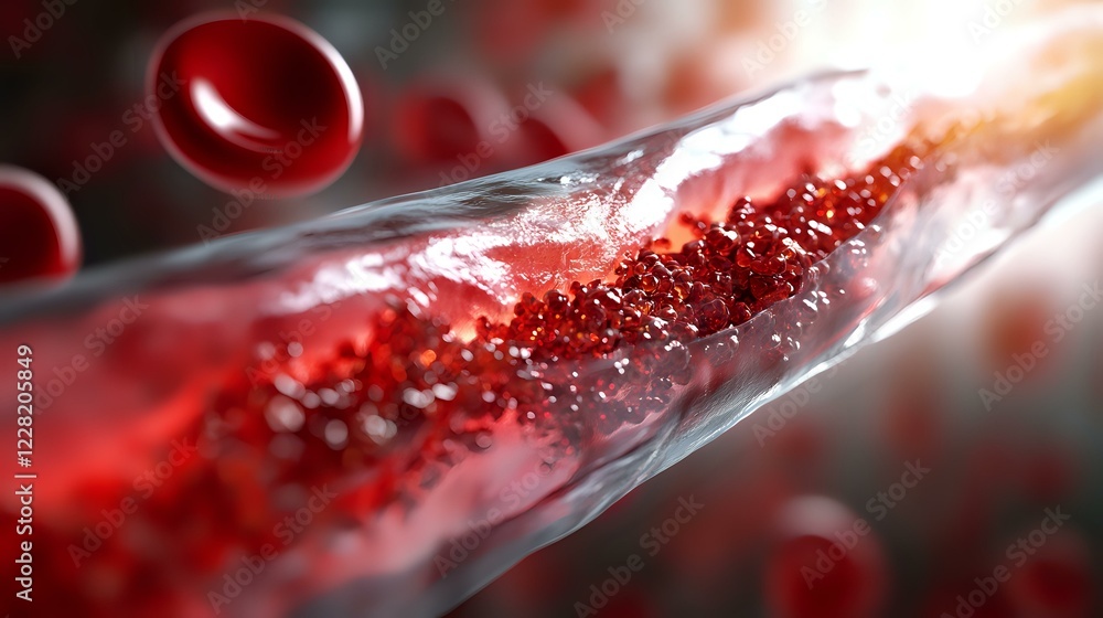 Poster red blood cells flowing through vein or artery in microscopic view showing circulatory system and bl