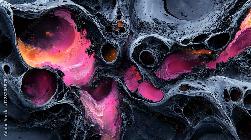 Poster abstract fluid art with vibrant pink and orange swirls flowing through dark cavities, creating a dra
