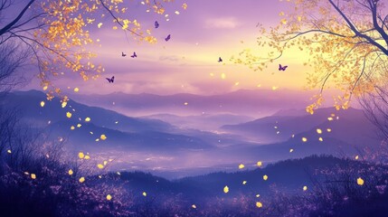 Naklejka premium Serene Autumn Landscape With Falling Leaves And Butterflies