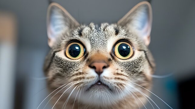 Close up portrait of curious tabby cat with big yellow eyes and dilated pupils looking up against blurred background. Expressive pet photography.