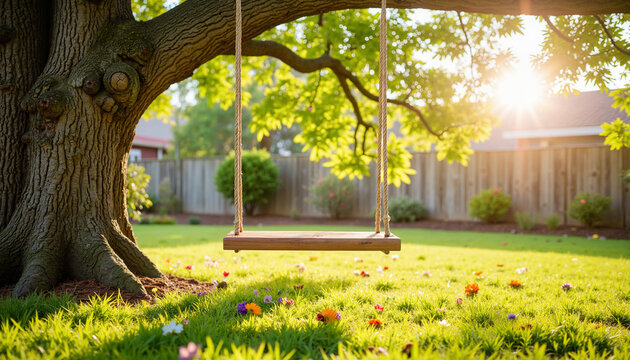 Swing hanging from tree in sunlit backyard